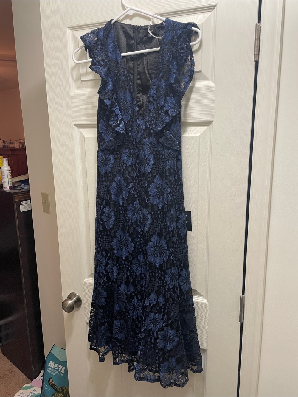Lulu's Navy Blue Floral Lace Midi Dress with Ruffle V-Neck
